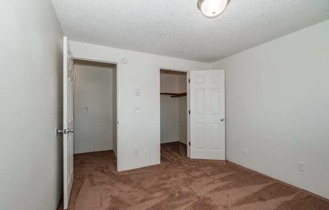 a bedroom with a carpeted floor and a closet with a door open