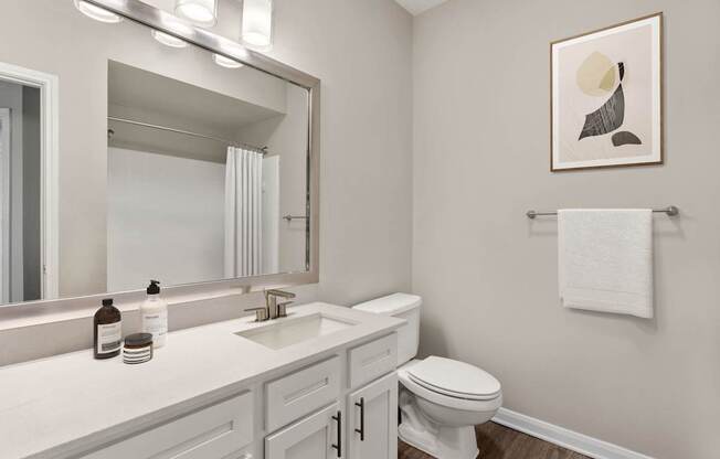 A bathroom with a white toilet, sink, and mirror.