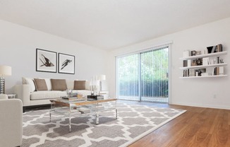 A living room with a white couch, a glass coffee table, and a rug.