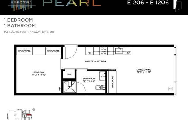 1 bed, 1 bath, 503 sqft, $1,551, Unit E206