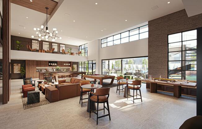 A spacious clubroom with game tables, lounge seating, and seamless indoor-outdoor flow.