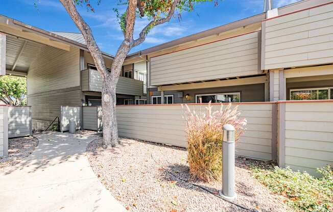 A tree in front of a building with a metal pole in the foreground.