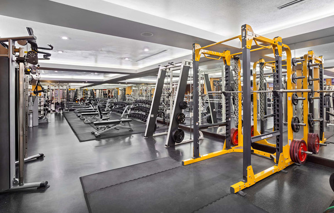 A gym with a variety of equipment including weightlifting machines and free weights.