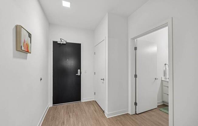 A black door is in a white room with a wooden floor.