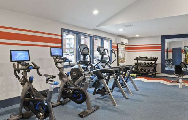 Gym with treadmills and exercise equipment  at the River, Manchester, 03102