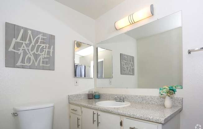 Main Bathroom displaying white theme and mirrored walls