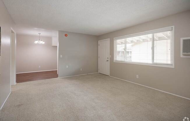 A spacious room with a carpeted floor and a window with blinds.