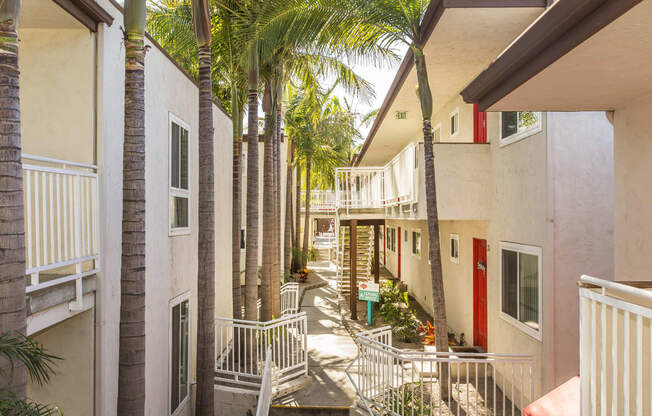 Pacific Sands walkway with tropical landscaping at Pacific Sands, San Diego, CA, 92117