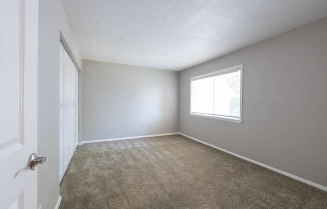 Primary Bedroom with a Large Window in the Three Bedroom Townhome at Woodbridge Apartments Bloomington