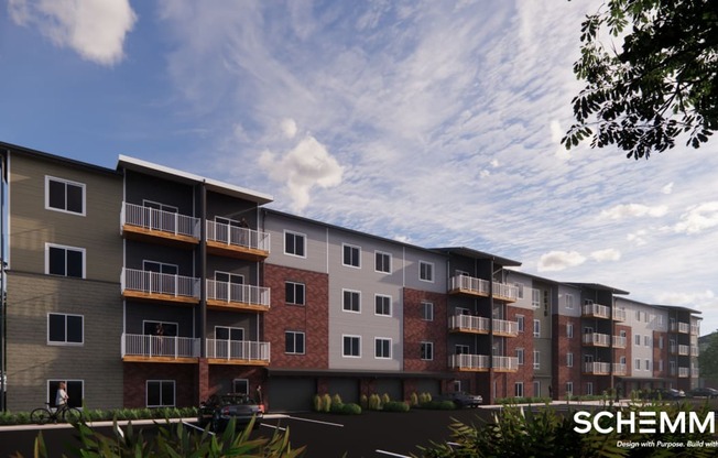 an architectural rendering of an apartment building with balconies and a cloudy sky
