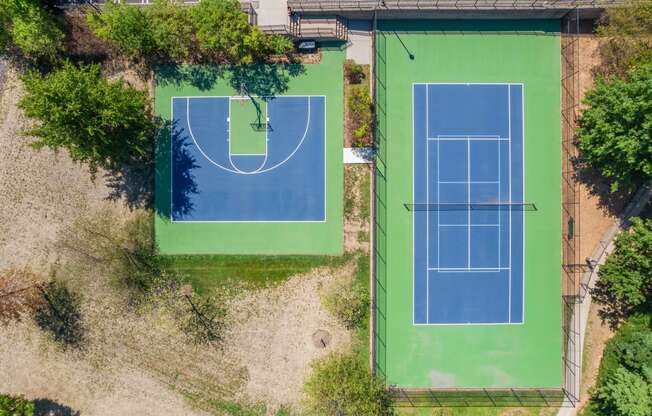an aerial view of two tennis courts  at The Lena, Raritan, New Jersey