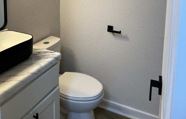 The Retreat at Indian Lake - renovated studio bathroom with a toilet and a sink