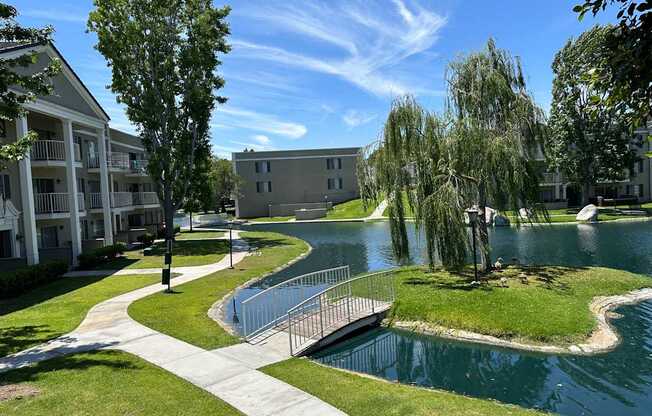 A small pond in a grassy area with a bridge leading to it.