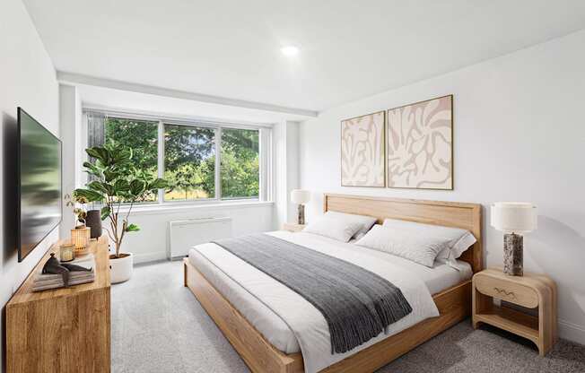 a bedroom with a bed and a large window