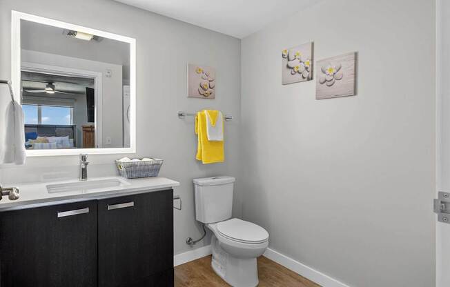 A bathroom with a toilet, sink, and mirror.