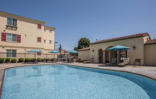 a pool next to a building