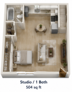 Studio, 1 bath, 504 sqft, $1,799