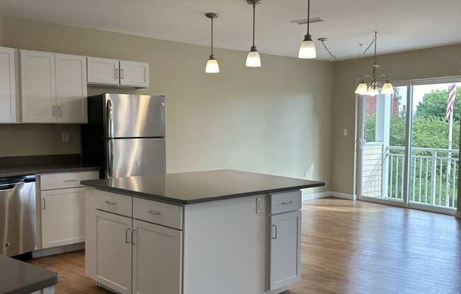 an overhead view of a kitchen with a counter top and a window