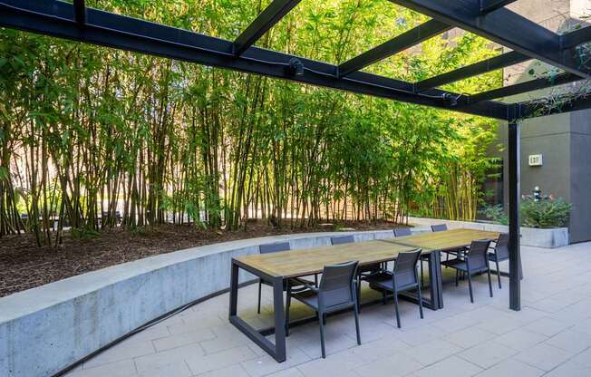 A table with chairs under a black metal pergola with a bamboo wall in the background.