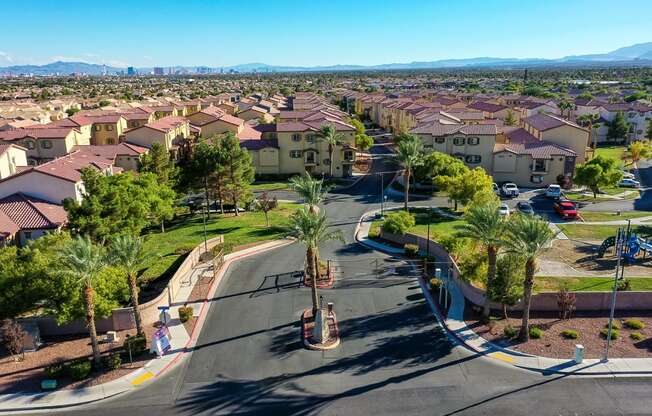 an aerial view of a neighborhood with houses and palm trees