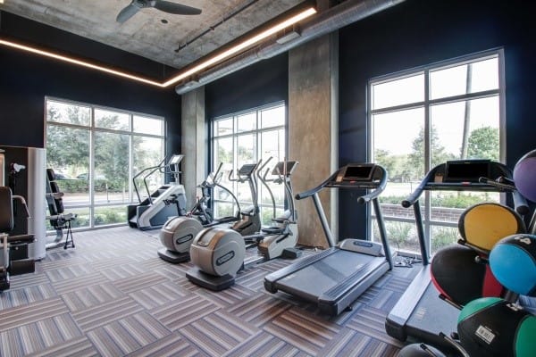 a gym with cardio equipment and large windows