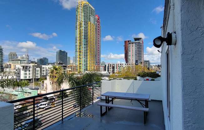 Community balconies with view of downtown San Diego at the Atrium Apartments.