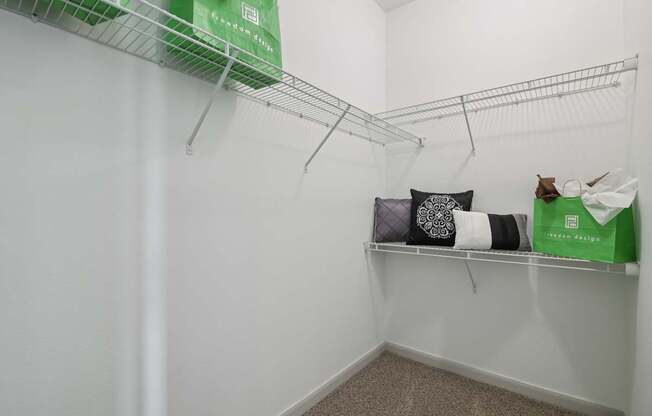 A white closet with a shelf and a green box on top.