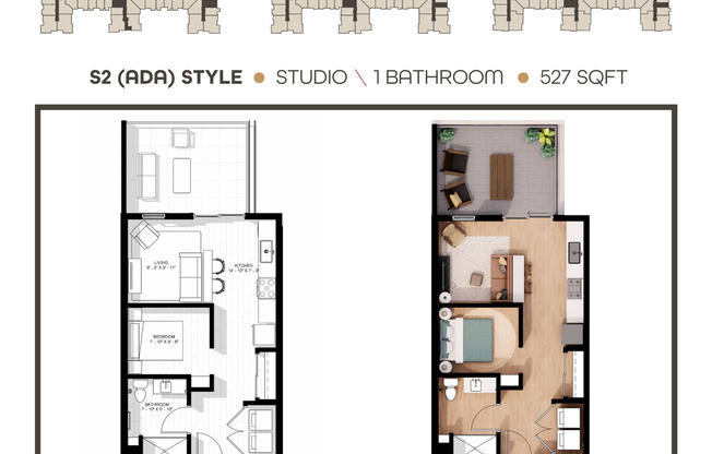 Studio, 1 bath, 527 sqft, $1,350, Unit 204
