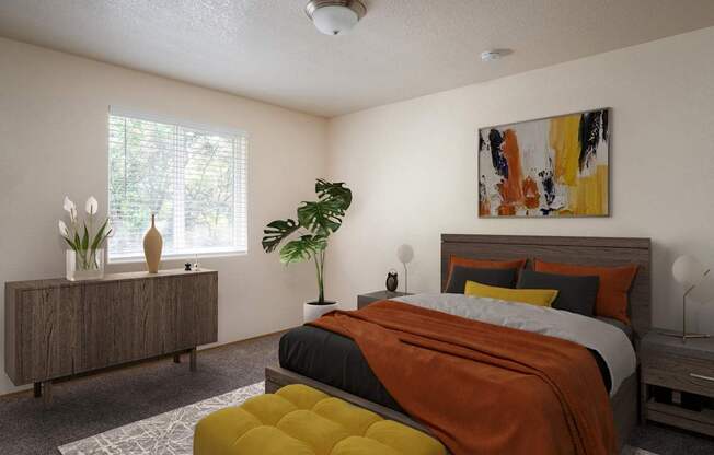 A bedroom with a bed, nightstand, and a painting on the wall.