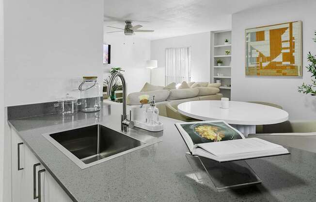 A modern kitchen with a grey countertop and a white sink.