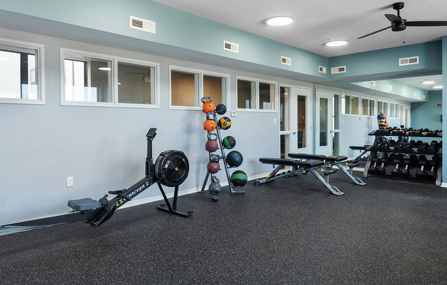 a gym with weights and exercise equipment at the monarch apartments in midtown