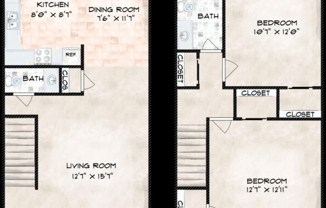 2 beds, 1.5 baths, 1,400 sqft, $1,236