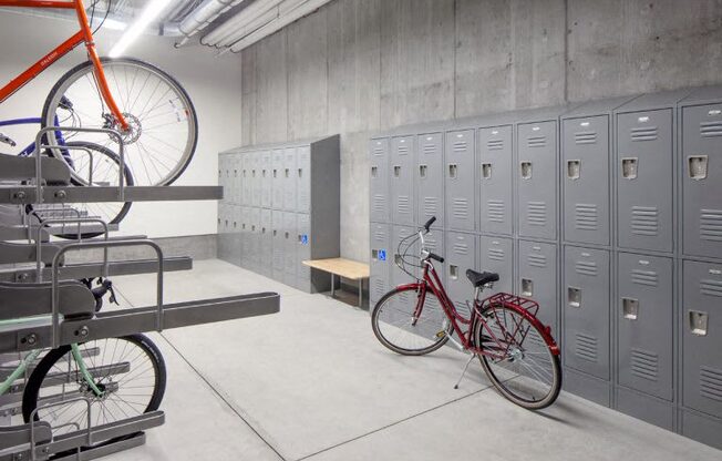 The Wilmore bike locker room with several bikes