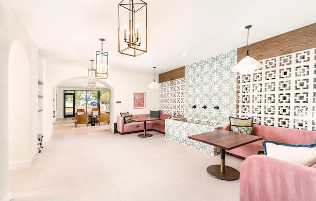 Stylish common areas at Modera Trailhead feature bold patterns and cozy seating nooks, perfect for working or unwinding in comfort.