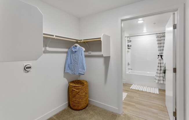 a bathroom with a closet and a shower and a basket on the floor