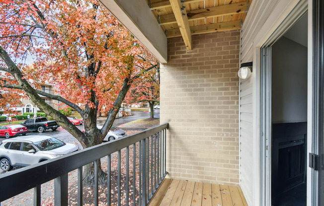 A balcony with a wooden floor and a metal railing with a view of a tree with red leaves.