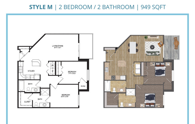 2 beds, 2 baths, 949 sqft, $1,995, Unit B-210