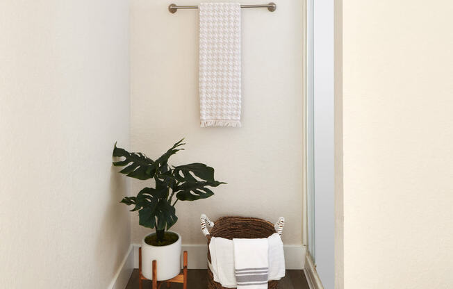a small bathroom with a wooden floor and a white plant in a white pot