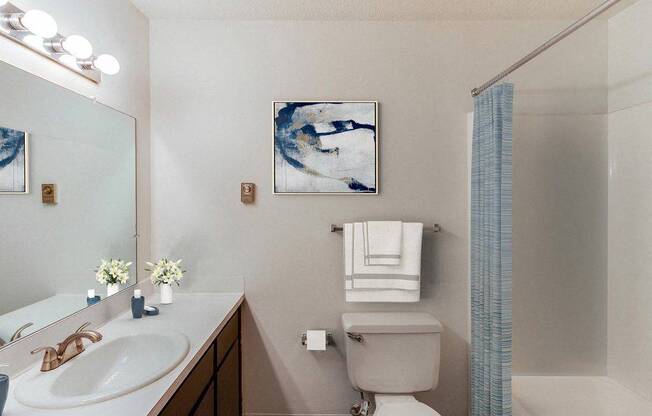 A bathroom with a toilet, sink, and shower.