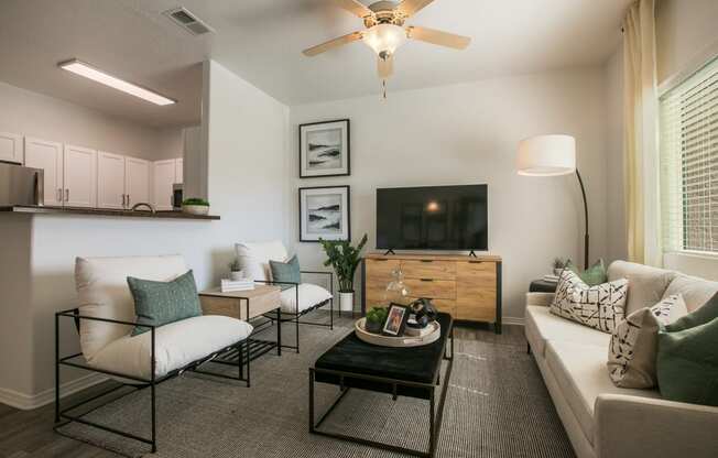 a living room with a couch and a coffee table and a television