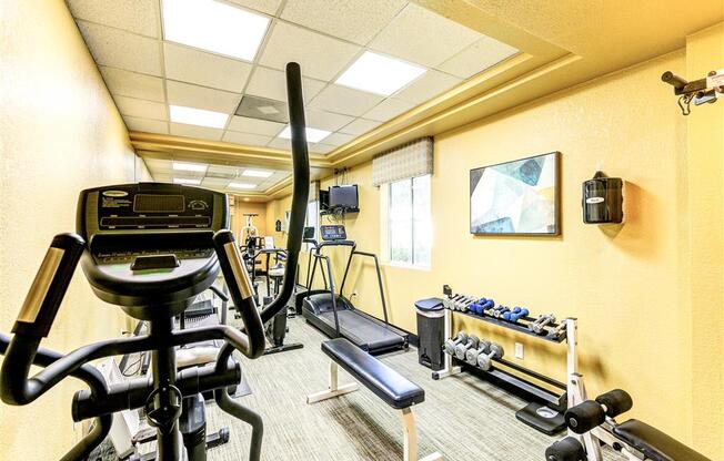 Fitness Center with Cardio and weight training at Country Club at Valley View Senior Apartments in Las Vegas, NV, For Rent. Now leasing 1 and 2 bedroom apartments.