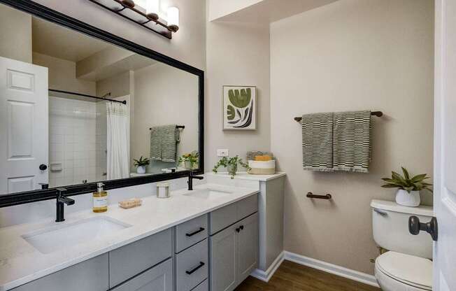 A bathroom with a white toilet, sink, and mirror.
