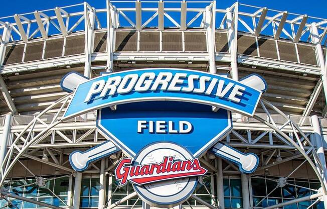 A large blue sign with the words