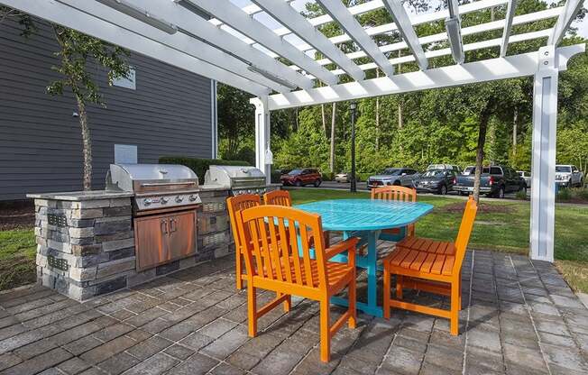Apartments for Rent in Myrtle Beach SC - Lattitude @ The Commons - Outdoor Grill Area Shaded by a Pergola