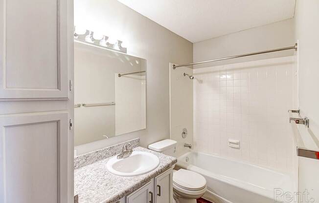 a bathroom with a tub sink and mirror and a toilet