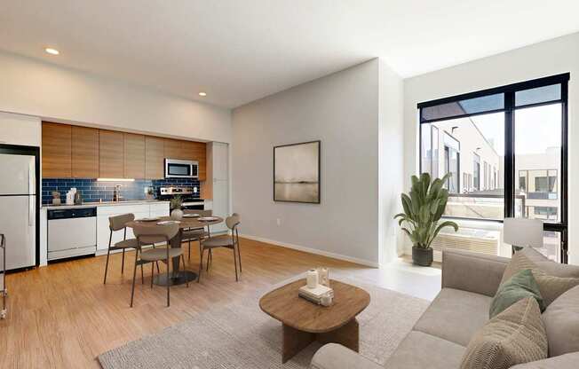 A modern living room with a grey sofa and a wooden coffee table.