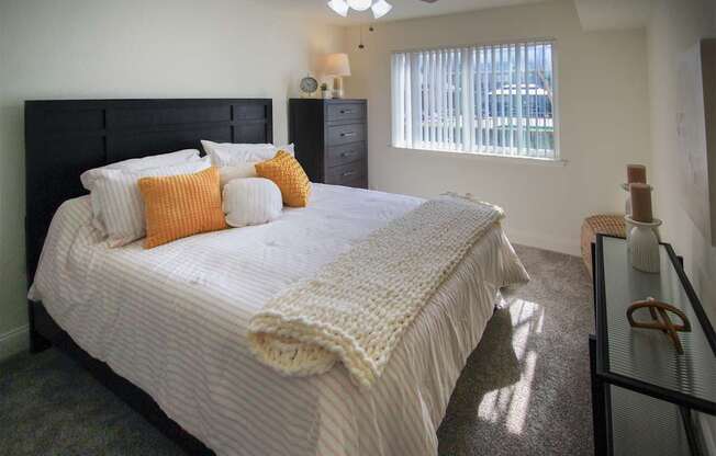 This is a photo of the bedroom in the 558 square foot 1 bedroom, 1 bath model apartment at The Summit at Midtown Apartments in Dallas, TX.