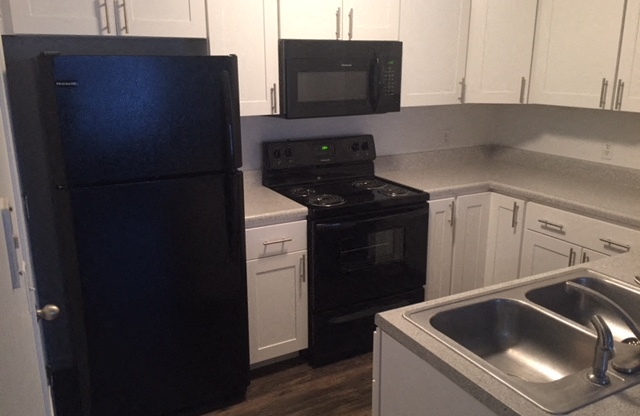 Premium kitchen counter, bright white cabinets, and appliances in Regency apartments Bettendorf, Iowa