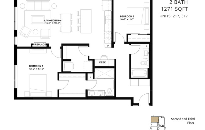 2 beds, 2 baths, 1,271 sqft, $2,995, Unit 217