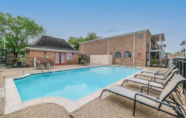 a pool next to a building